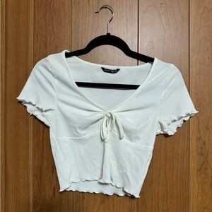 White Ribbed Tie-Front Top